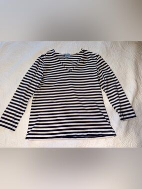 Peck & Peck Navy and White Striped V-Neck Top